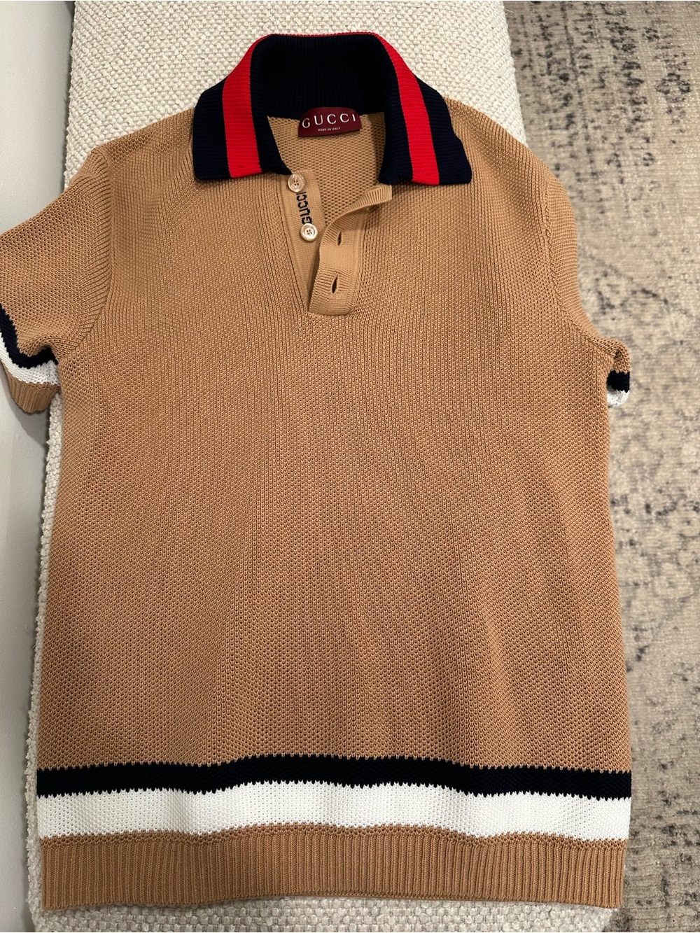Gucci Tan Knit Polo with Navy & Red Stripe Collar